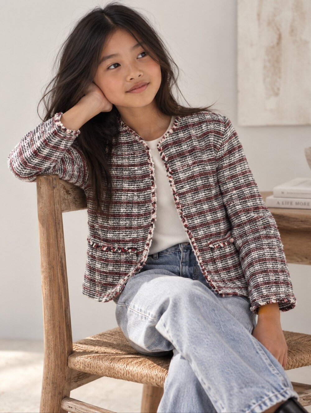 Zara Girls Tweed Jacket Red Black Fringe Preppy Blazer Size 10Y